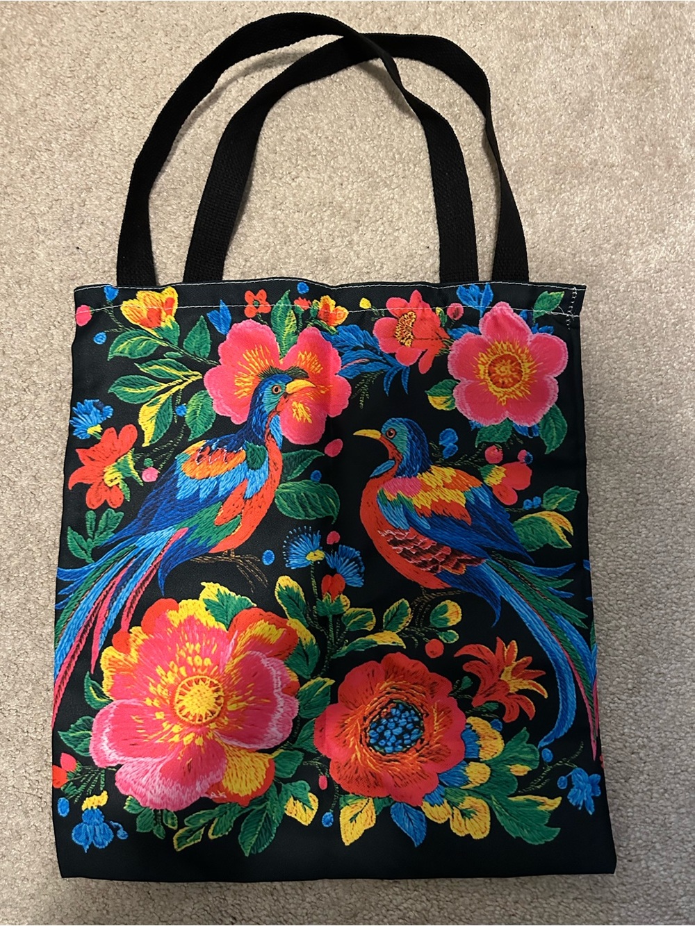 Black Floral & Bird print Tote Bag